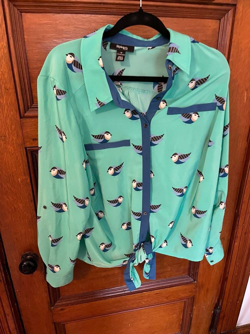 Style & co. Woman Mint Green Bird Print Tie-Front Blouse Size 1X